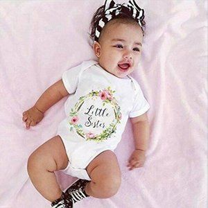 Little Sister Romper Letter Flower Print Short Sleeve Outfits White 3-6 months